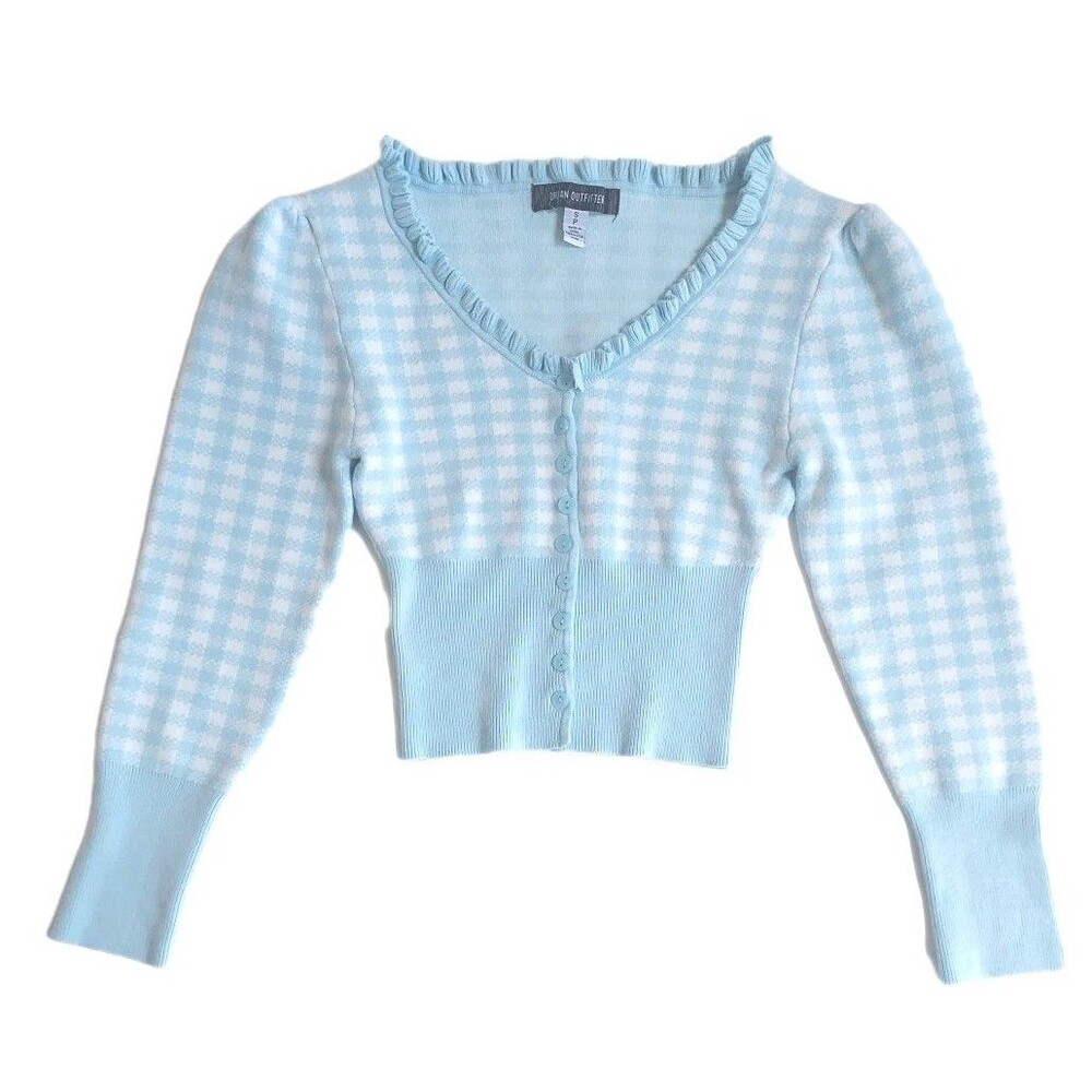 Ladies Urban Outfitters Blue/White Plaid Fitted Crop LS Cardigan Sweater Size S